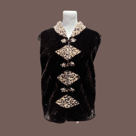 Zhong Yan Faux Fur Vest | Brown Animal Print | Size M | Vintage - Picture 1 of 4